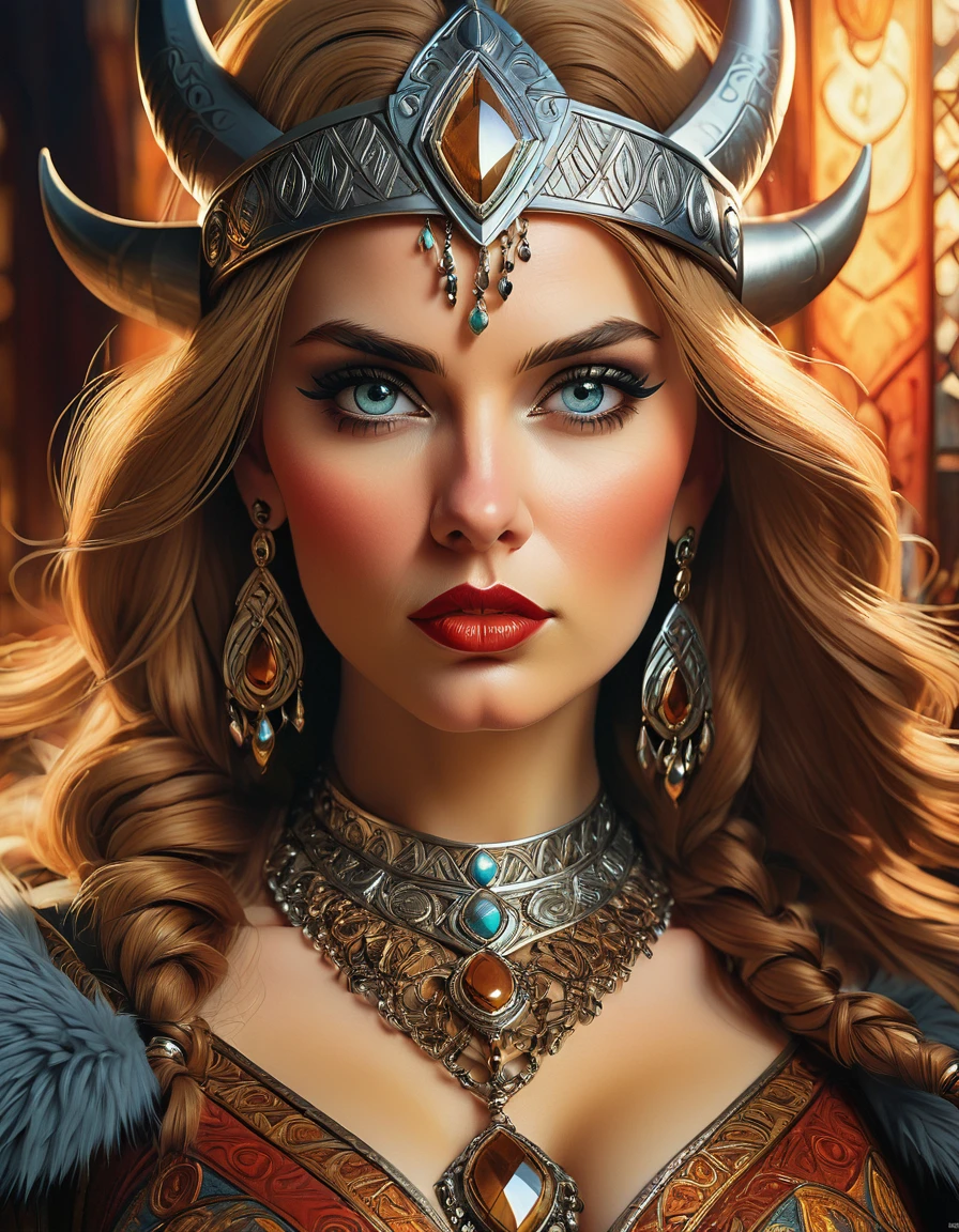 a beautiful busty viking woman, intricate art deco style portrait, highly detailed face, intense eyes, full lush lips, detailed skin texture, ornate jewelry, dramatic lighting, warm color palette, oil painting, photorealistic, 8k, high quality, masterpiece