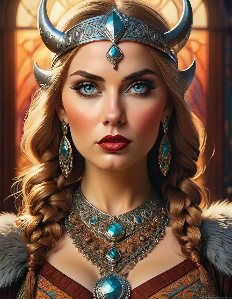 a beautiful busty viking woman, intricate art deco style portrait, highly detailed face, intense eyes, full lush lips, detailed skin texture, ornate jewelry, dramatic lighting, warm color palette, oil painting, photorealistic, 8k, high quality, masterpiece