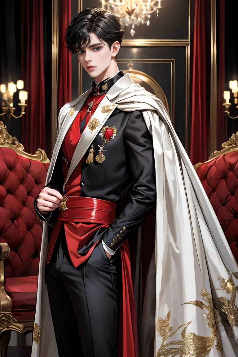 masterpiece, 最high quality, high quality, 1 boy, alone, Male focus, Watching the audience, Messy black hair, Adorable big blue eyes, White people, Noble, Noble,Sexy voluminous black and red cape、Tuxedo、A very voluminous, large, very large, very large, long, long red and black cape with a high stand-up collar, reaching down to the floor, made of a lot of fabric., ,Cute beautiful boys,Cute, cute, kind, handsome guy