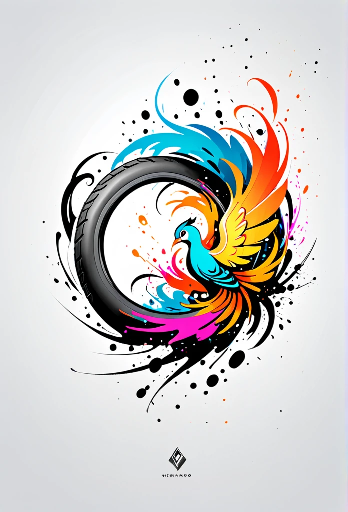 CIRCULAR LOGO MARK OF MOTORCYCLE SALES COMPANY
motorcycle tire design
White background
vector art with black and white illustration with Phoenix, At the center, swirly vibrant colors,graffiti art,ink spatter,UHD quality, details in 16k, Wild and unbridled,ink wink painting,rich and colorful,visual impact,modern aesthetic,Elegant and simple, Hawaii Island Background