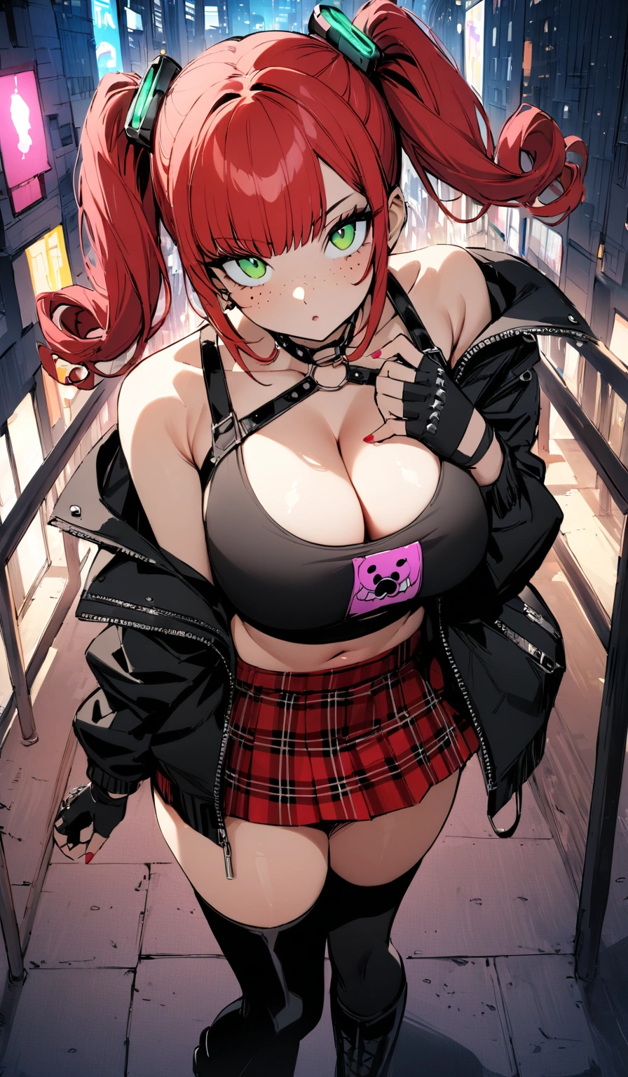 woman, curly red hair in pig tails, green eyes, wearing crop top black shirt, long black jacket, red plaid skirt, (black knee high boots), black fingerless gloves, exposed shoulders, large breasts, freckles, cleavage, looking at viewer, masterpiece, best quality, Holo-Punk Style, in the city