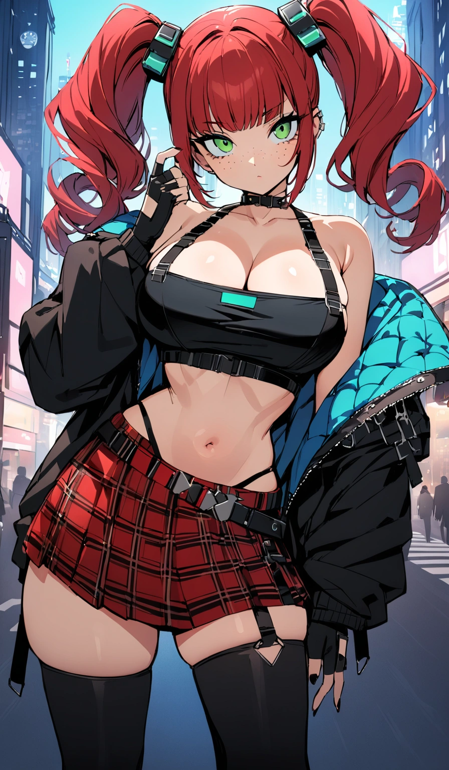 woman, curly red hair in pig tails, green eyes, wearing crop top black shirt, long black jacket, red plaid skirt, (black knee high boots), black fingerless gloves, exposed shoulders, large breasts, freckles, cleavage, looking at viewer, masterpiece, best quality, Holo-Punk Style, in the city