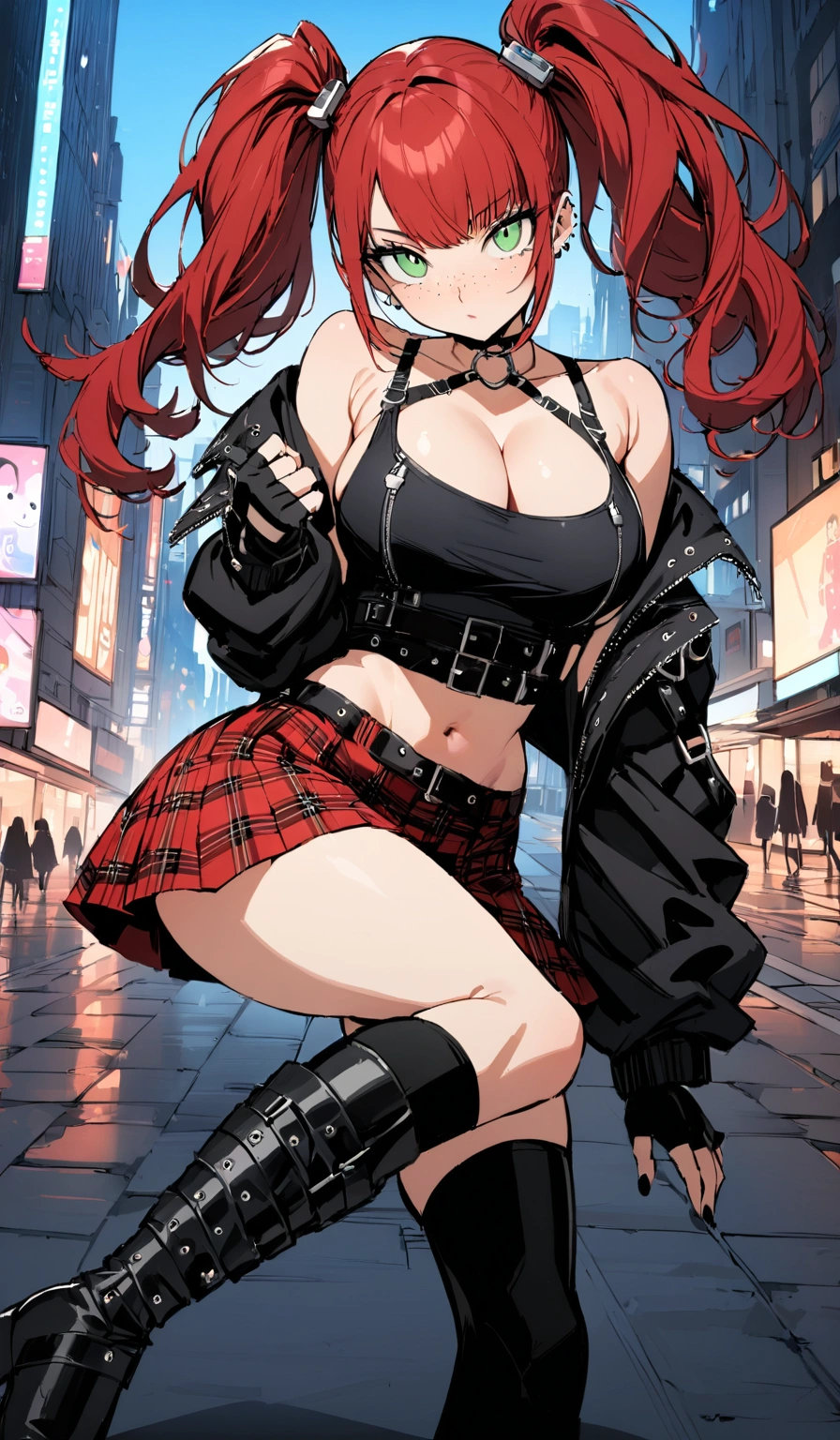 woman, curly red hair in pig tails, green eyes, black eyeshadow, long black jacket, red plaid skirt, black knee high boots, black fingerless gloves, exposed shoulders, large breasts, freckles, looking at viewer, masterpiece, best quality, Holo-Punk Style, in the city, make up, eyelashes, fishnet undershirt, fishnet stockings