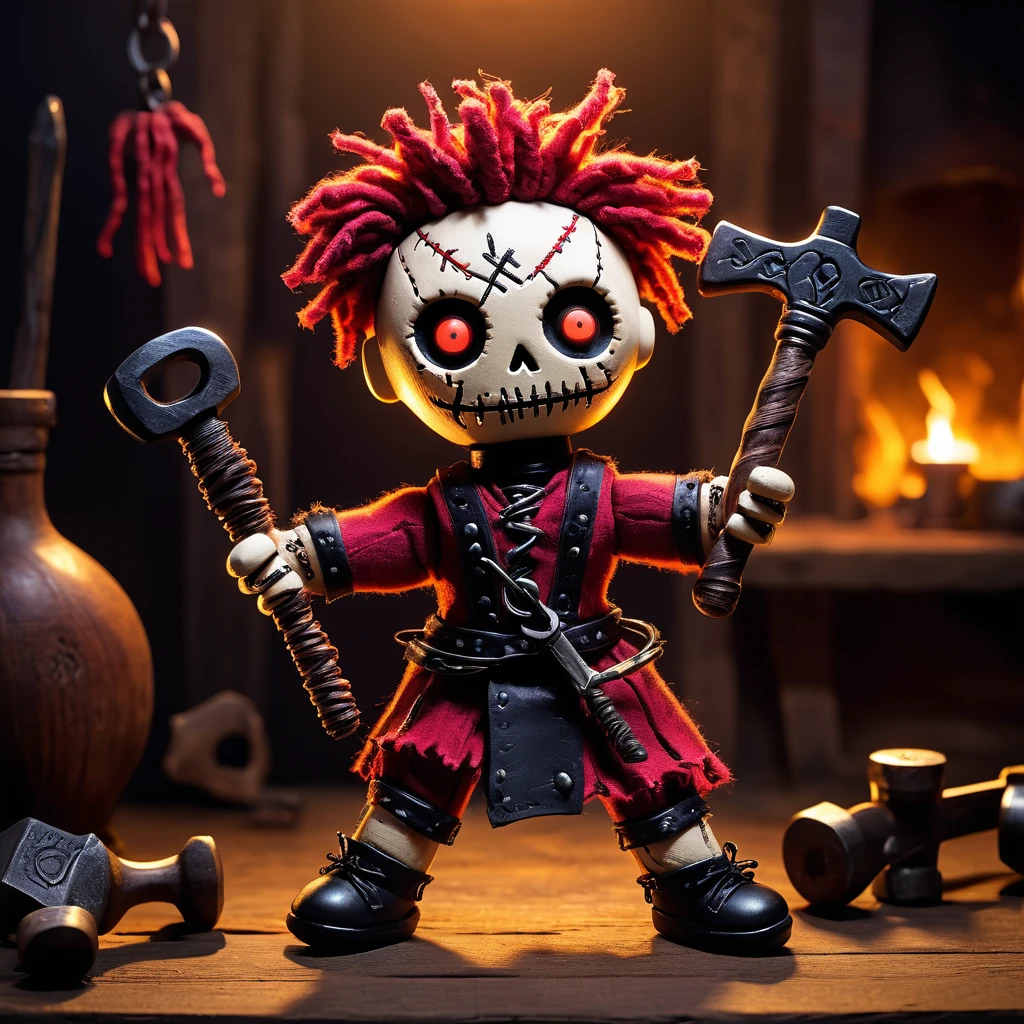 (knitted toy voodoo doll:1.5), (Voodoo Demonic Blacksmith:1.3), (Clothing: tattered blacksmith’s attire with dark runes:1.0), (Accessories: enchanted hammer emitting a ghostly glow, floating spectral anvils:1.1), (background: dark, eerie forge with glowing embers, clanging metal, and an atmosphere of smithing horror:1.2), best quality, masterpiece, detailed soft oil painting, detailed background, dramatic cinematic lighting, soft edge lighting, professional, dramatic lighting, hard edge lighting, ultra quality, 4k, masterpiece, best quality, 8k, ultra high definition, high resolution, extremely detailed