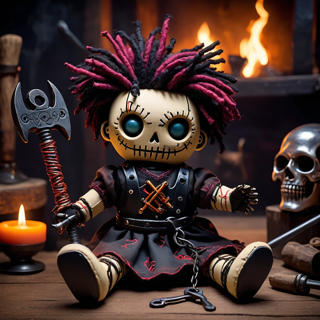 (knitted toy voodoo doll:1.5), (Voodoo Demonic Blacksmith:1.3), (Clothing: tattered blacksmith’s attire with dark runes:1.0), (Accessories: enchanted hammer emitting a ghostly glow, floating spectral anvils:1.1), (background: dark, eerie forge with glowing embers, clanging metal, and an atmosphere of smithing horror:1.2), best quality, masterpiece, detailed soft oil painting, detailed background, dramatic cinematic lighting, soft edge lighting, professional, dramatic lighting, hard edge lighting, ultra quality, 4k, masterpiece, best quality, 8k, ultra high definition, high resolution, extremely detailed