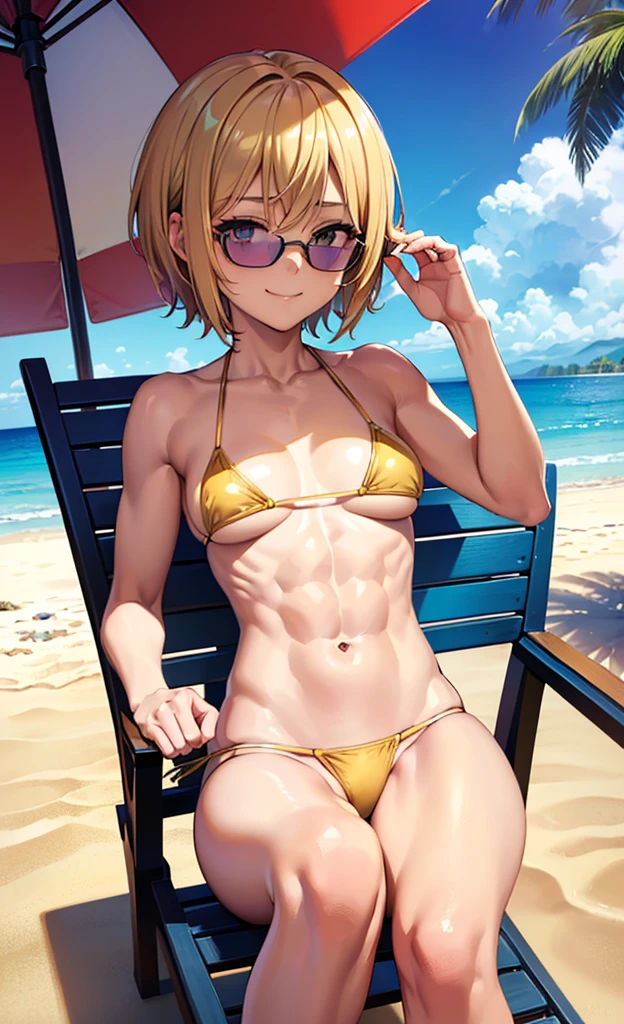masterpiece, best quality, ultra detailed, ultra high resolution, very detailed face, solo, ((anime)), 20 years old girl, (((micro bikini))), ((golden short hair)), (((medium breast))), (six pack abs:1.2), ((eyes over the sunglassess)), ((little smile)), ((on the beach chair, under the beach parasol, in the beach))