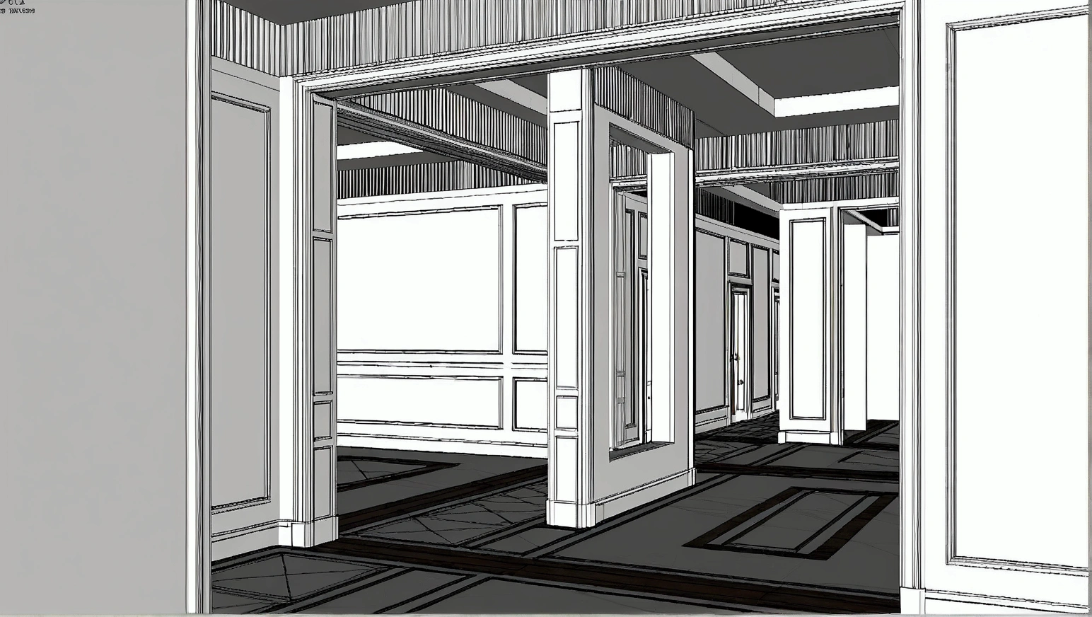 a drawing of a room with a door and a window, high detail 3 d render, in style of 3d render, an ambient occlusion render, ambient occlusion render, very detailed render, bw 3 d render, highly detailed interior, high detail render, raytraced 3d set design, highly detailed render, highly detailed 3d render