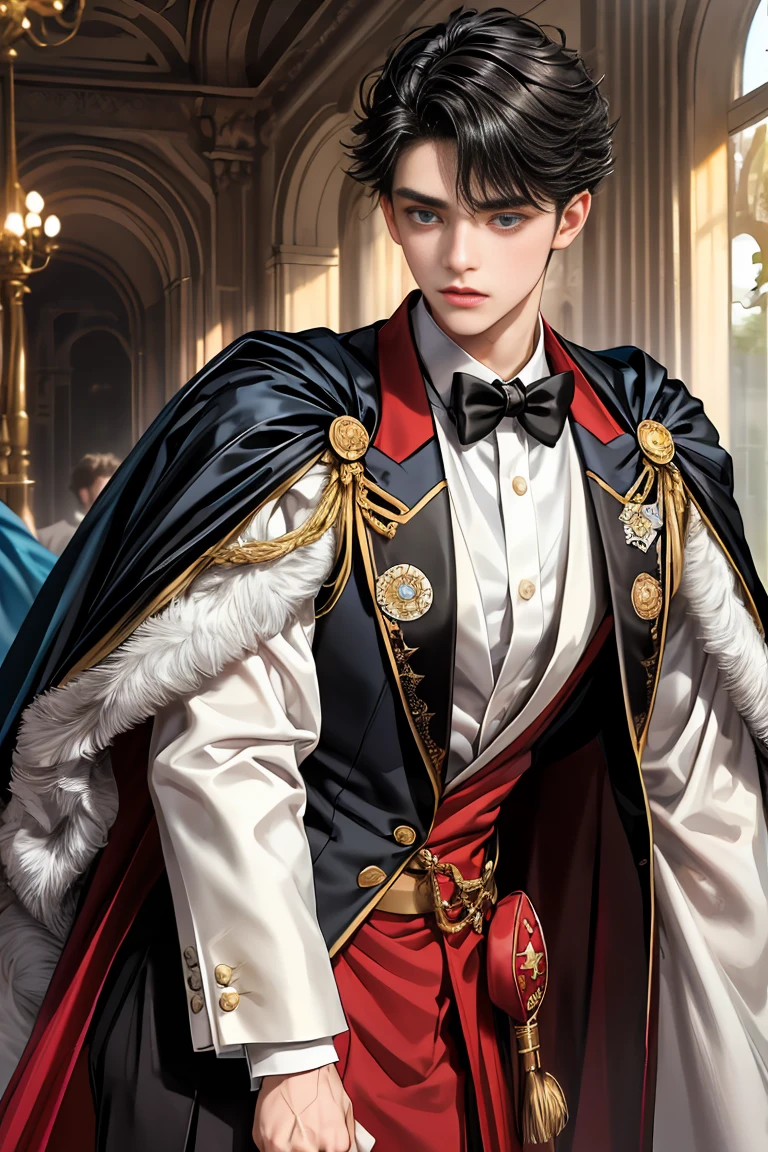 masterpiece, 最high quality, high quality, 1 boy, alone, Male focus, Watching the audience, Messy black hair, Adorable big blue eyes, White, Noble, Noble,Sexy voluminous cape、Tuxedo、A very voluminous, large, very large, very large, long, long red and black cape with a high stand-up collar, reaching down to the floor, made of a lot of fabric., ,Cute beautiful boys,Cute, cute, kind, handsome guy