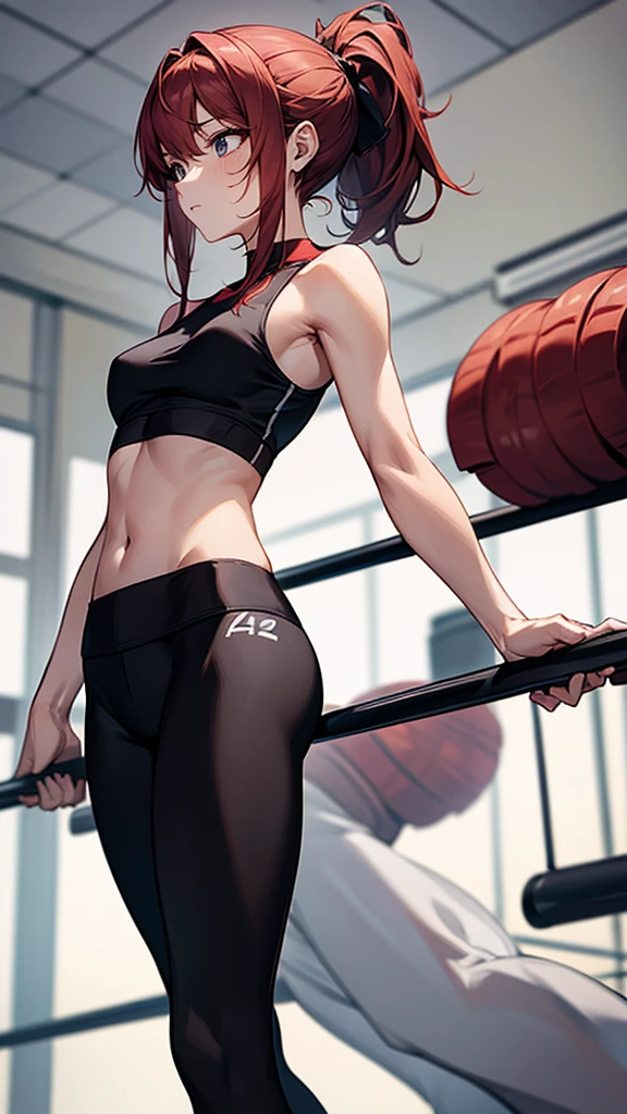 {{masterpiece}}, {{{best quality}}},{{ultra-detailed}}, {{illustration}},{{tall stature}},{{adult women}},,Small breasts,Slender,{{fighting stance}},((Leggings with integrated shorts)),((Black leggings)) Fitness Instructor Red hair ponytail Tank top Town,1 female,alone, Fitness Gym