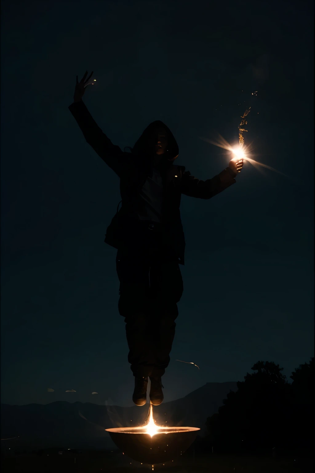 Alien rising into the air illuminated with magic while levitating
