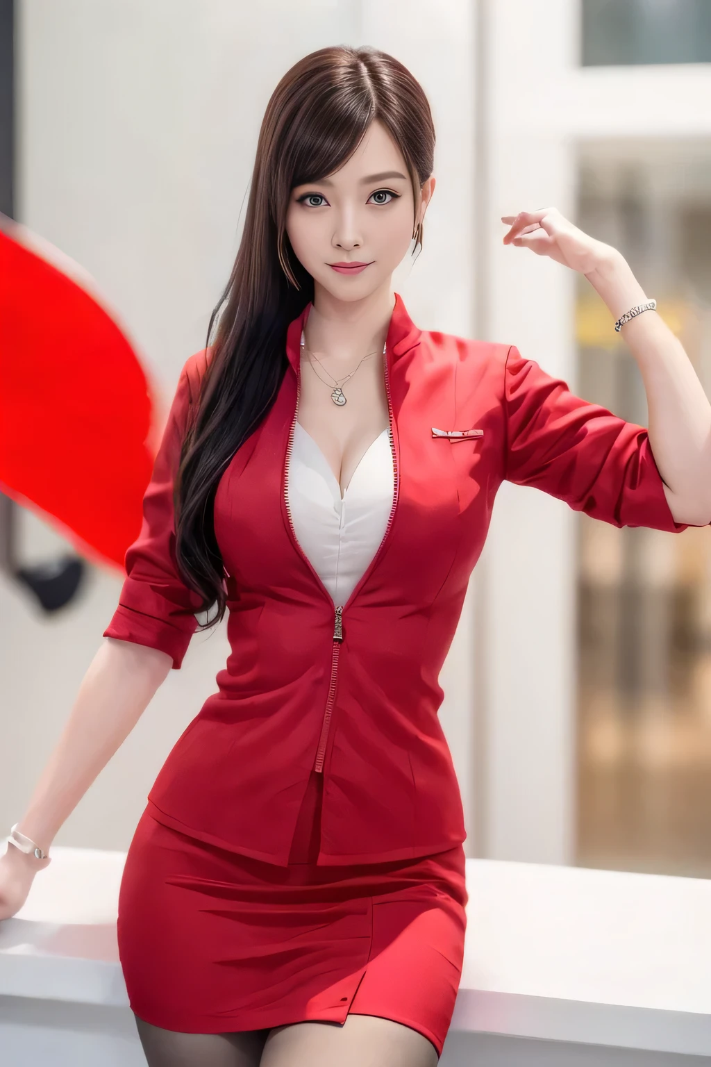 (masterpiece:1.2, Highest quality:1.2), 32k HDR, High resolution, (alone, 1 Girl), （AirAsia stewardess uniform realistic style）, A proper woman, Beautiful Face, Brown Hair, (Long hair down to the legs), (Red jacket:1.1, Unzipped jacket, Unbuttoned white shirt:1.05, Red mini skirt:1.1, pantyhose),（Showing big  through cleavage in unbuttoned white shirt）、（long hair that reaches down to the legs）、Perfect slim body:1.1, Huge breasts, huge breasts cleavage, Detailed skin texture, Beautiful Eyes, (Attractive look:1.2), necklace、Earrings、(forward leaning posture:1.5）, On the roof of a building, Rooftop at daytime,blue eyes、Hands should be lowered