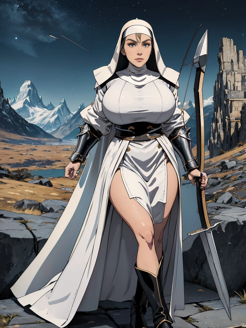 (masterpiece, top quality, best quality, official art, beautiful and aesthetic:1.2), (1girl:1.3), ((Sharp facial features, sharp features, hawkish features)), ((grey eyes)), busty paladin knight girl, extremely detailed, portrait, looking at viewer, solo, (full body:0.6), detailed background, full-body shot, (cold mountain nighttime glacier theme:1.1), holy knight, (nun), charlatan, smirk, mysterious, swaying in mountains, armor, polished metal, gold trim, long boots, white fabric, pelvic curtain, robe, pale leather, ((((nun, crossbow, heavy armor, armored, long legs, robes, prayer scrolls, toned, muscular)))), slim waist, slim hips, long legs, medieval (mountain exterior:1.1) background, dark mysterious lighting, shadows, magical atmosphere, dutch angle