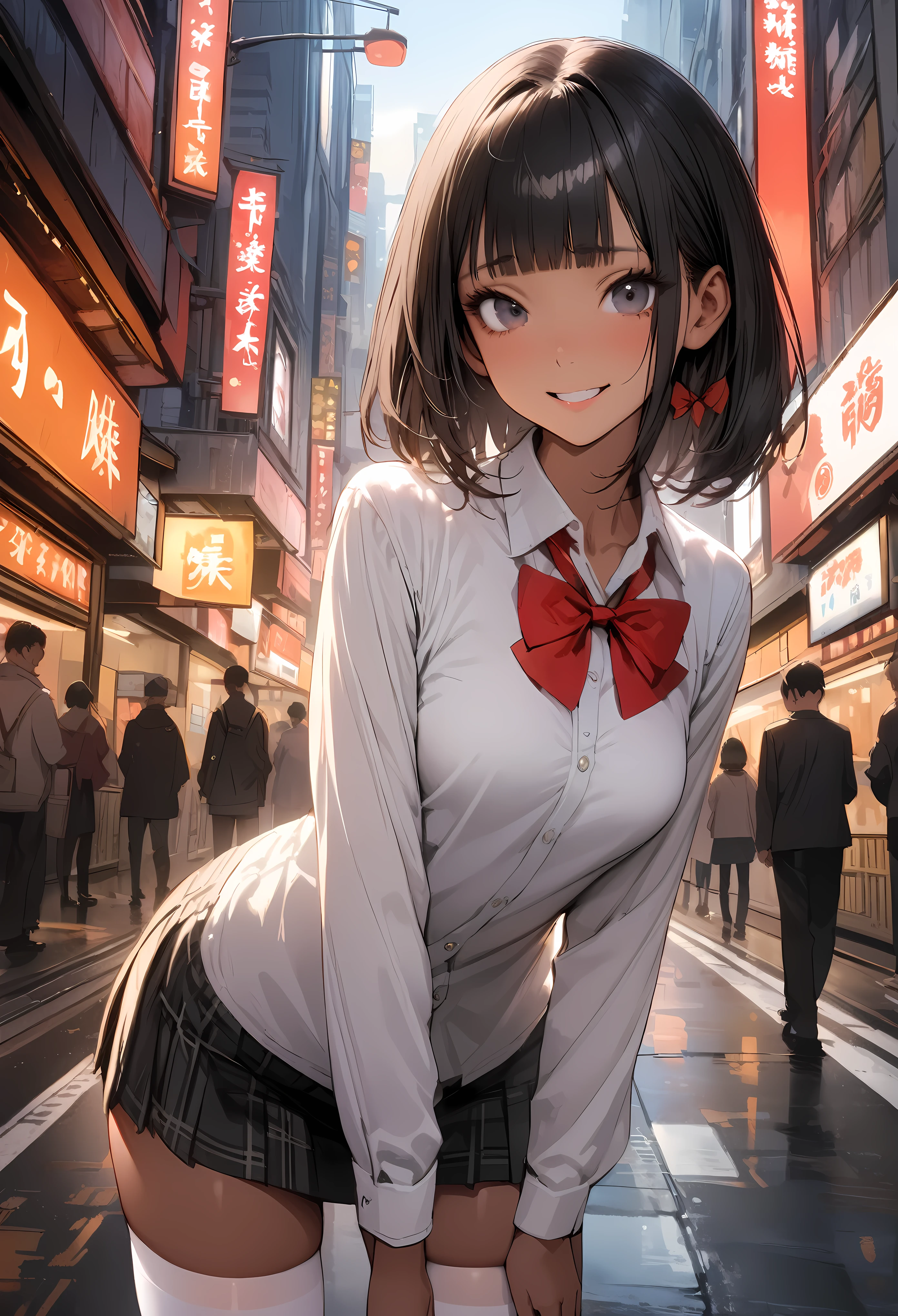 ((masterpiece,Highest quality:1.3,best quality illustration)),((realistic)),cowboy shot,solo,1woman,(18 year old beauty),black hair,short bob hair,blunt bangs,black eyes,gorgeous big eyes,((very small head:1.3)),shy,smile,((very long body:1.2,skinny,tan skin)),medium breasts,(Red bow tie、White shirt、Black plaid mini skirt、white_thighhighs),gleaming skin,slender body,standing,on street,neon、Shibuya Station、