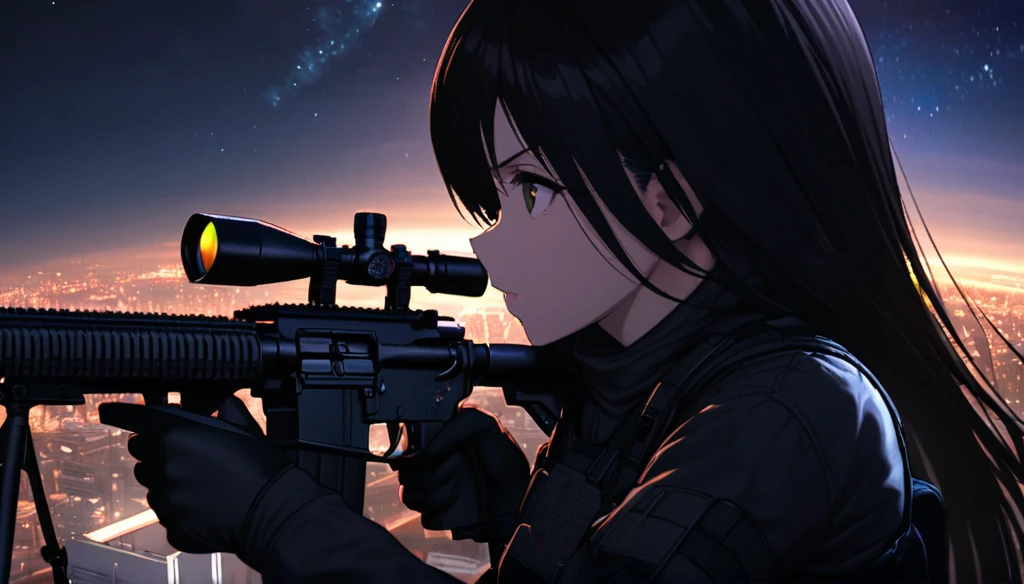 Highest quality, Highest quality, 16K, Unbelievably absurd, Very detailed, delicate and dynamic, Natural light, The particles reflect light, Diffuse reflection of light, Vortex of Light, dark outfield, ruined big city, roof top of ruined building, moon night, milky way, illumination, Create amazing image effects, Upper body close-up, (sole sexy girl, Firm bust, , powerful, A professional sniper,, aiming a target with M16 auto rifle, swat uniform,)