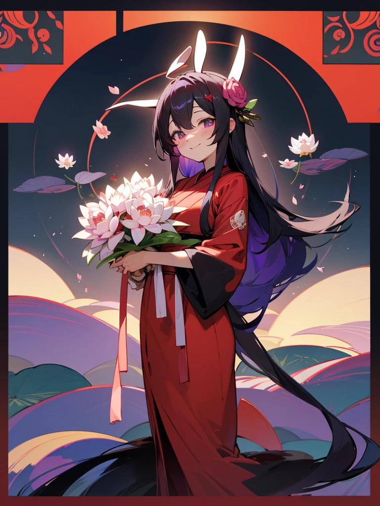 Buddha, rabbit ears, Black long hair, Red Japanese pattern dress, portable shrine, Angel Halo, lotus flower field, purple eyes, smile, Japanese flag
, lotus bouquet, paradise, Rose hair ornament.Blue Randoseru
ちびまる子ちゃん