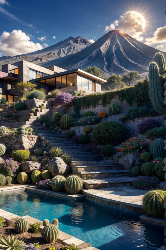 Multiple houses, brutalism style, Luis Barragán, Mountains in background, river, pool, terraces, stairs, garden terraces, trees, beautiful clouds, moon, sun, detailed, cacti, boulders, volcanic rocks, fuggy, Violet, orange, olive green, blue, magenta, amazing volcano in horizont, beautiful garden design