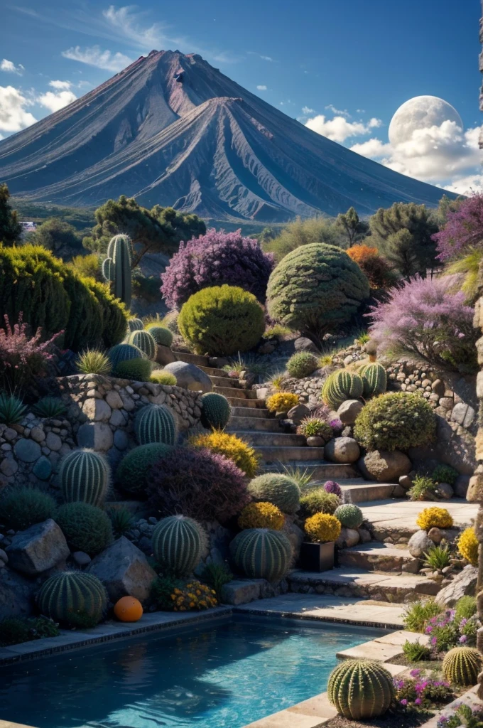 Multiple houses, brutalism style, Luis Barragán, Mountains in background, river, pool, terraces, stairs, garden terraces, trees, beautiful clouds, moon, sun, detailed, cacti, boulders, volcanic rocks, fuggy, Violet, orange, olive green, blue, magenta, amazing volcano in horizont, beautiful garden design