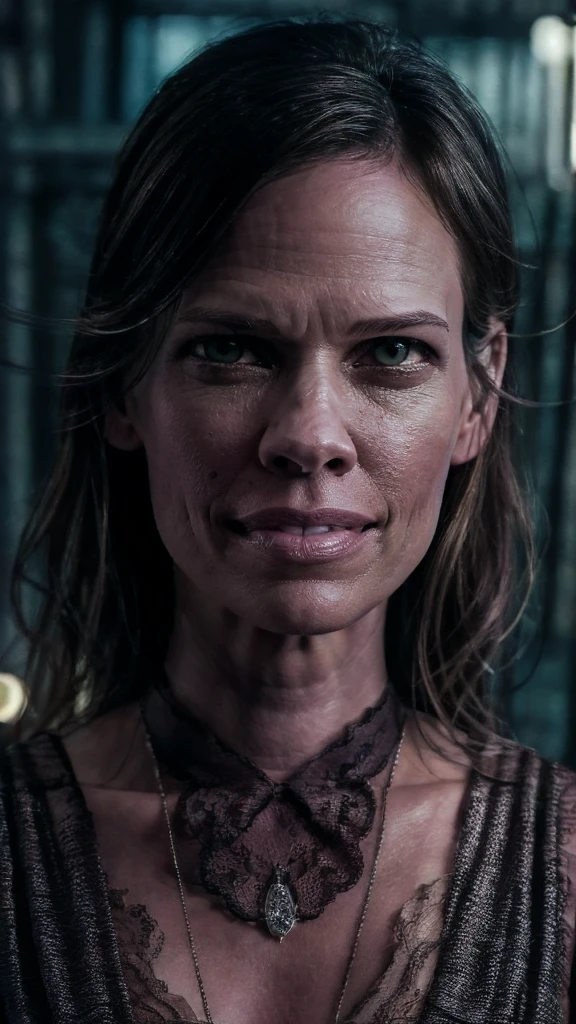 Close Up Hilary Swank imagem ultra-realista, perfect symmetry, vibrant and clear, dynamic view, high level of detail and definition, 1200 PPI - Photographic resolution with greater color realism, hyperrealisti, high fidelity, cinematic, 4K UHD image resolution.