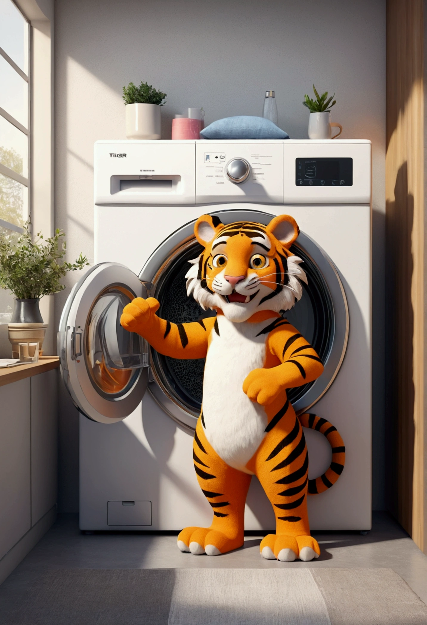 (design of character),tiger with enthusiasm and joy while standing in front of a washing machine, anthropomorphic sun, Mattresses are tiger, smiling, big shiny eyes, Fantastic,Eccentric,similar to a fairy tale, super detailing, pixel style, vibrant with colors, soft natural light, solid color backdrop, 5-octane rendering, a gorgeous, Ultra Wide Angle, 8k, high realism, 8k
