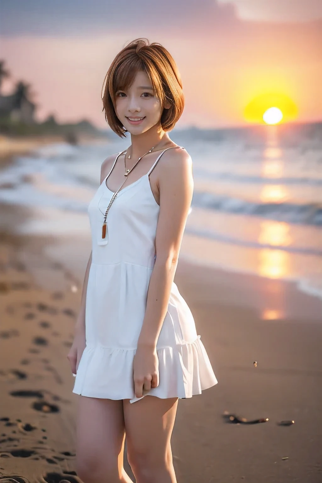 (Standing on the beach watching the sunset:1.5)、(A kind smile:1.5)、(18-year-old female:1.5)、(The best quality at its best:1.4), (Super detailed), (Very detailed CG unified 16k), Beautiful woman with perfect figure: 1.4, Sharp focus: 1.2, Very detailed, High-quality RAW color photos, Professional photography, Great face and eyes, cosmetics, (Amazingly beautiful girl), ((Cute grey dress:1.5)), Realistic movie faces, Full body long view from head to toe, Realistic, ((Realistic natural orange red hairstyle)), ( Short Bob Hair:1.5), (necklace:1.5)、, Very beautiful face, Perfect model beauty, Mouth swelling, Highly detailed face and skin texture, Fine grain, double eyelid, Medium chest, (masterpiece), Highest quality, High resolution, Very detailed, Blurred Background, Depth of written boundary, Cinema Lighting, Great legs, , Clear, well-maintained skin,((Full body shot from head to toe:1.5))