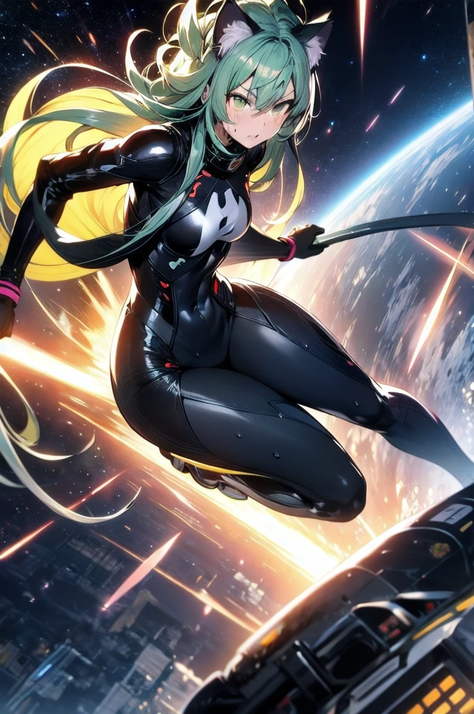 A silver-haired beautiful girl with cat ears eyes are green hair is silver and long clothes: a form-fitting black combat suit The fist is an afterimage The background is a city at night her is in a cat-like fighting pose The year is 14 years monitor, Dark Night, Sweat, Steam of Exhalation, Space, Battle, Dynamic Angle one girl
