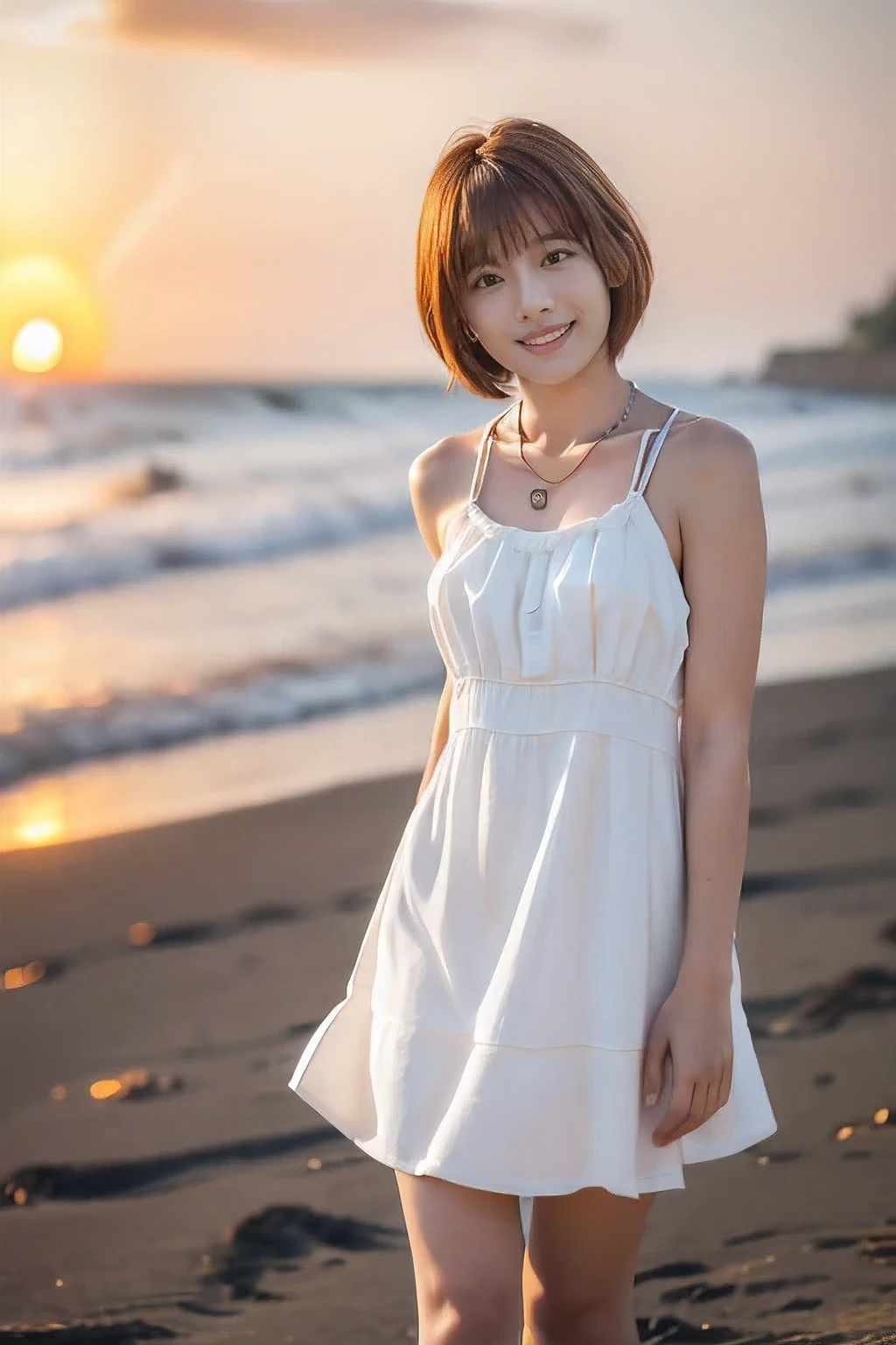 (Standing on the beach watching the sunset:1.5)、(A kind smile:1.5)、(18-year-old female:1.5)、(The best quality at its best:1.4), (Super detailed), (Very detailed CG unified 16k), Beautiful woman with perfect figure: 1.4, Sharp focus: 1.2, Very detailed, High-quality RAW color photos, Professional photography, Great face and eyes, cosmetics, (Amazingly beautiful girl), ((Cute grey dress:1.5)), Realistic movie faces, Full body long view from head to toe, Realistic, ((Realistic natural orange red hairstyle)), ( Short Bob Hair:1.5), (necklace:1.5)、, Very beautiful face, Perfect model beauty, Mouth swelling, Highly detailed face and skin texture, Fine grain, double eyelid, Medium chest, (masterpiece), Highest quality, High resolution, Very detailed, Blurred Background, Depth of written boundary, Cinema Lighting, Great legs, , Clear, well-maintained skin,((Full body shot from head to toe:1.5))