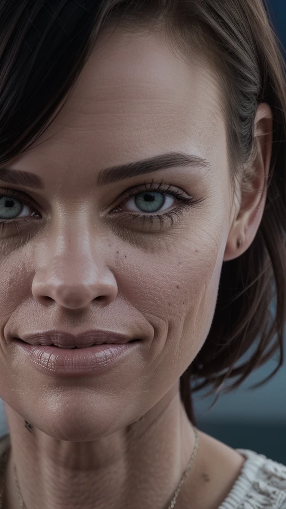 Close Up Hilary Swank imagem ultra-realista, perfect symmetry, vibrant and clear, dynamic view, high level of detail and definition, 1200 PPI - Photographic resolution with greater color realism, hyperrealisti, high fidelity,  cinematic, 4K UHD image resolution.