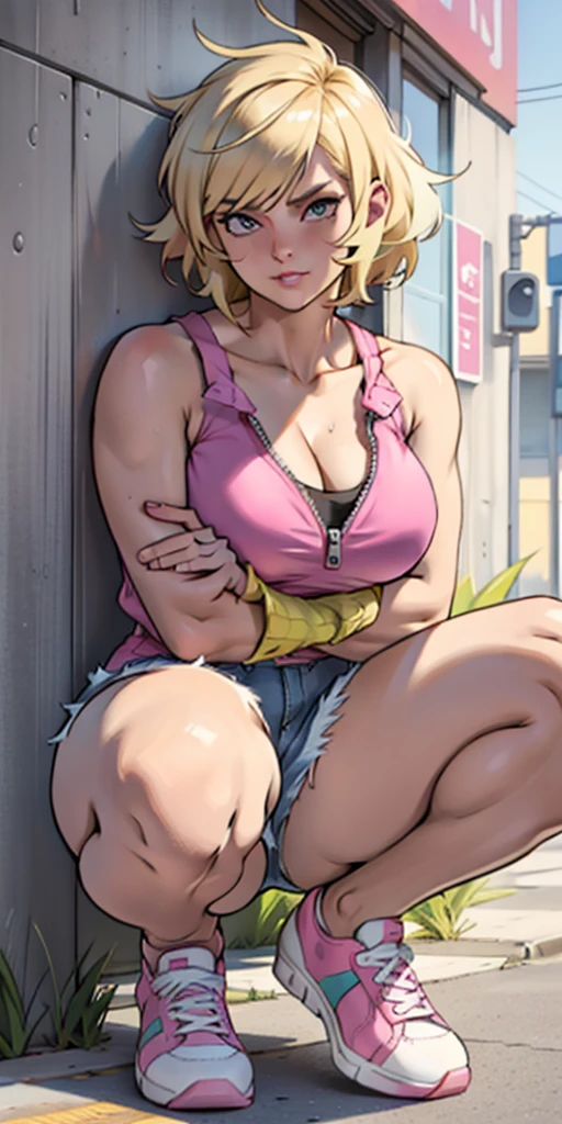 score_9, score_8_up,
<lora:xl_kelala_pony_ceshi(pony):1>, Korean style, ok hands,
1girl as android 18 on the street, (protruding upper circumference:2), large breasts:2, sagging breasts, 
blonde hair, jewelry, earrings, navel, pants, necklace, denim, midriff, jeans, looking at viewer, solo focus, open clothes, short hair, collarbone, long sleeves, jacket, pink jacket, crop top, shirt, closed mouth, hoop earrings, strapless, medium hair, lips, cardigan, cowboy shot, open jacket,
very long eyelashes, blue eyes, fierce eyes, upturned eyes, v-shaped eyebrows, smile, serious, angry, blush, sweat,