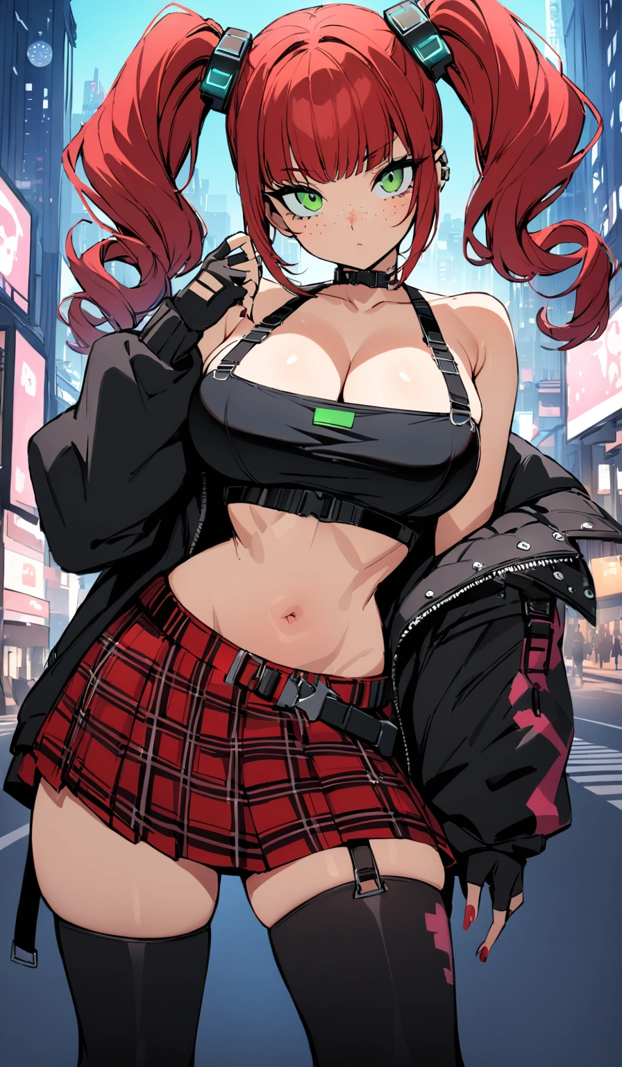 woman, curly red hair in pig tails, green eyes, wearing crop top black shirt, long black jacket, red plaid skirt, (black knee high boots), black fingerless gloves, exposed shoulders, large breasts, freckles, cleavage, looking at viewer, masterpiece, best quality, Holo-Punk Style, in the city