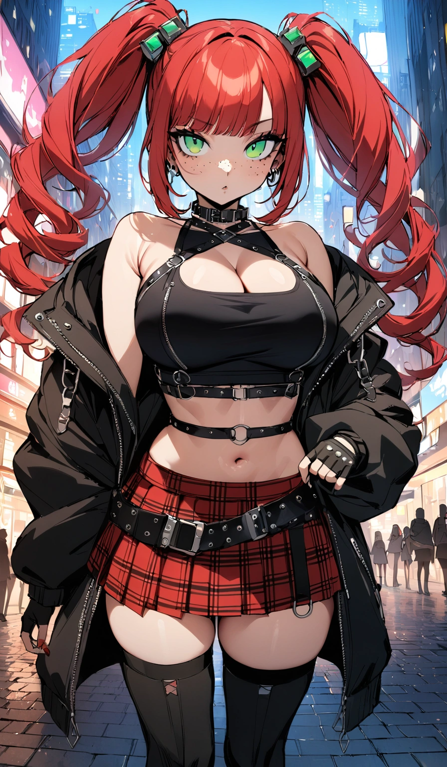 woman, curly red hair in pig tails, green eyes, black eyeshadow, long black jacket, red plaid skirt, black knee high boots, black fingerless gloves, exposed shoulders, large breasts, freckles, looking at viewer, masterpiece, best quality, Holo-Punk Style, in the city, make up, eyelashes, fishnet undershirt, fishnet stockings