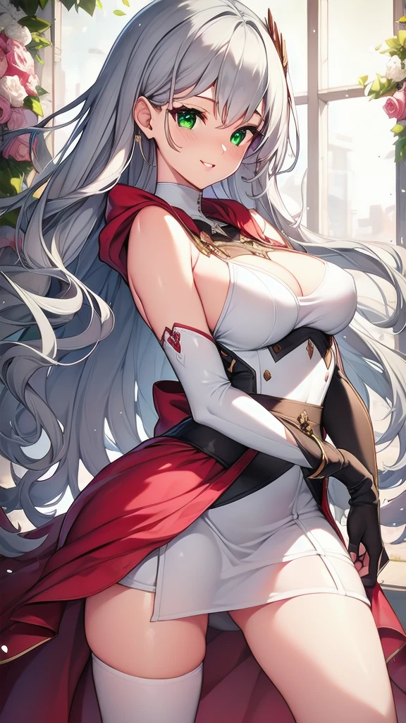 (masterpiece, best quality, ultra-detailed, best shadow), solo girl, bright gray hair, green eyes, long hair, medium breasts, sexy body and face, wavy hair, smile, parted lips, red lips, circlet, skirt, bridal gauntlets, jewelry, cape, bare shoulders, sandals, sleeveless dress, red cape, long sleeves, wide sleeves, side slit, white dress, detached sleeves, turtleneck, ribbon, pink dress, fingerless gloves, cafe, sexy pose, cowboy shots, sharp focus, vibrant, creative, dynamic, high definition, high resolution, 8k, (Upscale: R-ESRGAN 4x+ Anime6mage enchance:4x), voluptuous body, cinema lightning, dakimakura style, looking at the viewer,