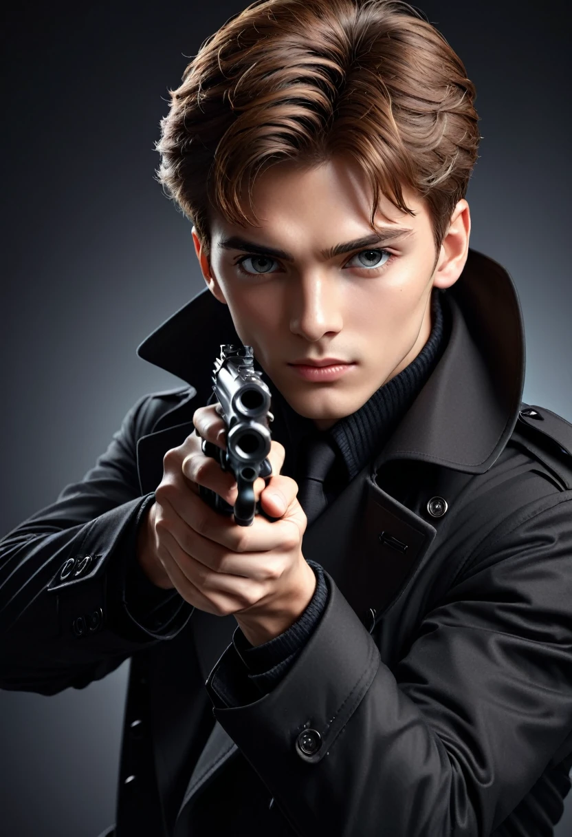 ( perfect  )Anime charming beautiful girl dynamic sniper, A brown-haired woman wearing a black trench coat is a sniper aiming a gun at her prey. ( perfect  ) Dynamic pose detailed face. realistic eyes. The face and eyes are very detailed. delicate skin.、delicate skin texture smile,

                   Black trench coat dark shadow background, Black Soft Light, Professional photography master&#39;artwork, texture, complicated, Clear, High-quality masterpieces，

                        Extremely complicated and exquisitely detailed, Super detailed, Super detailed digital art 
