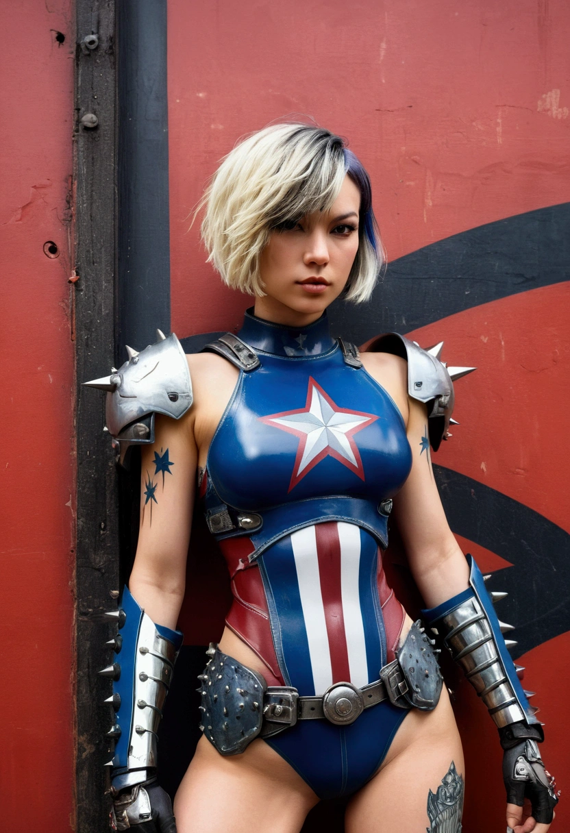 Ultra-Real CG K ,((premium、8k、32k、masterpiece、Hmph:1.3)), (Ultra-thin illustration)、(Ultra-high resolution), (((Adult body))), (((1 girl))), ((( Short Hair Bob ))), 25-year-old cyberpunk gladiator with perfect body, Shoulder pads with metal spikes., Gladiador of Brooklyn, (( Short Hair Bob )), Ripped rugby team t-shirt, Simon Bisley&#39;s wild urban style almost naked, Short blonde, minimal clothes, Metallic protective gear with intricate graphics on the left arm.., Dark red with white stars and blue and white stripes., armor, Lots of spikes and rivets., Venom Tattoo (((Image from the knees up))), Short white blonde hair, In the background、 There&#39;s an intricate wall design painted by Shepard Fairey...