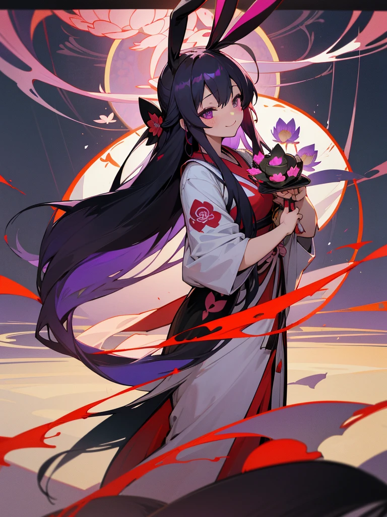 Buddha, rabbit ears, Black long hair, Red Japanese pattern dress, portable shrine, Angel Halo, lotus flower field, purple eyes, smile, Japanese flag
, lotus bouquet, paradise, Rose hair ornament.Blue Randoseru
ちびまる子ちゃん