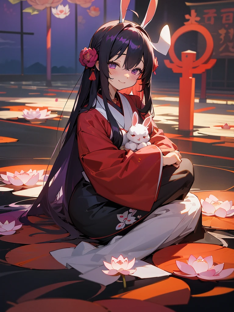 Buddha, rabbit ears, Black long hair, Red Japanese pattern dress, portable shrine, Angel Halo, lotus flower field, purple eyes, smile, Japanese flag
, lotus bouquet, paradise, Rose hair ornament.Blue Randoseru
ちびまる子ちゃん