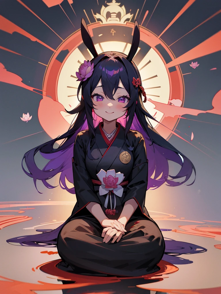 Buddha, rabbit ears, Black long hair, Red Japanese pattern dress, portable shrine, Angel Halo, lotus flower field, purple eyes, smile, Japanese flag
, lotus bouquet, paradise, Rose hair ornament.Blue Randoseru
ちびまる子ちゃん