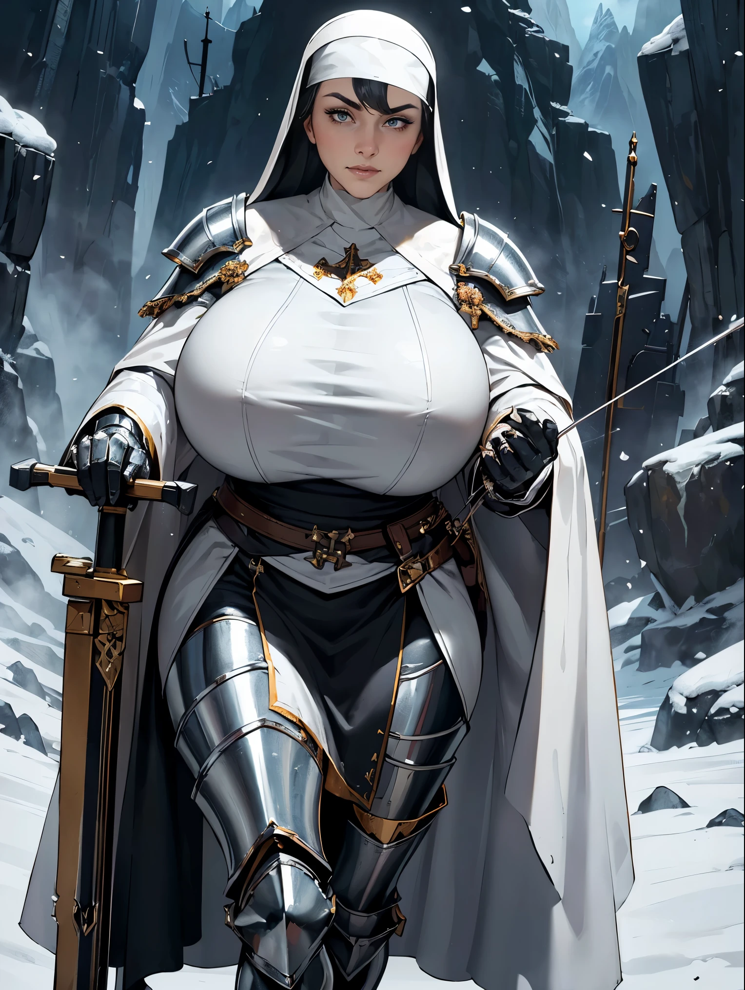 (masterpiece, top quality, best quality, official art, beautiful and aesthetic:1.2), (1girl:1.3), ((Sharp facial features, sharp features, hawkish features)), ((grey eyes)), busty paladin knight girl, extremely detailed, portrait, looking at viewer, solo, (full body:0.6), detailed background, full-body shot, (cold mountain nighttime glacier theme:1.1), holy knight, (nun), charlatan, smirk, mysterious, swaying in mountains, armor, polished metal, gold trim, long boots, white fabric, pelvic curtain, robe, pale leather, ((((nun, crossbow, heavy armor, armored, long legs, robes, prayer scrolls, toned, muscular)))), slim waist, slim hips, long legs, medieval (mountain exterior:1.1) background, dark mysterious lighting, shadows, magical atmosphere, dutch angle