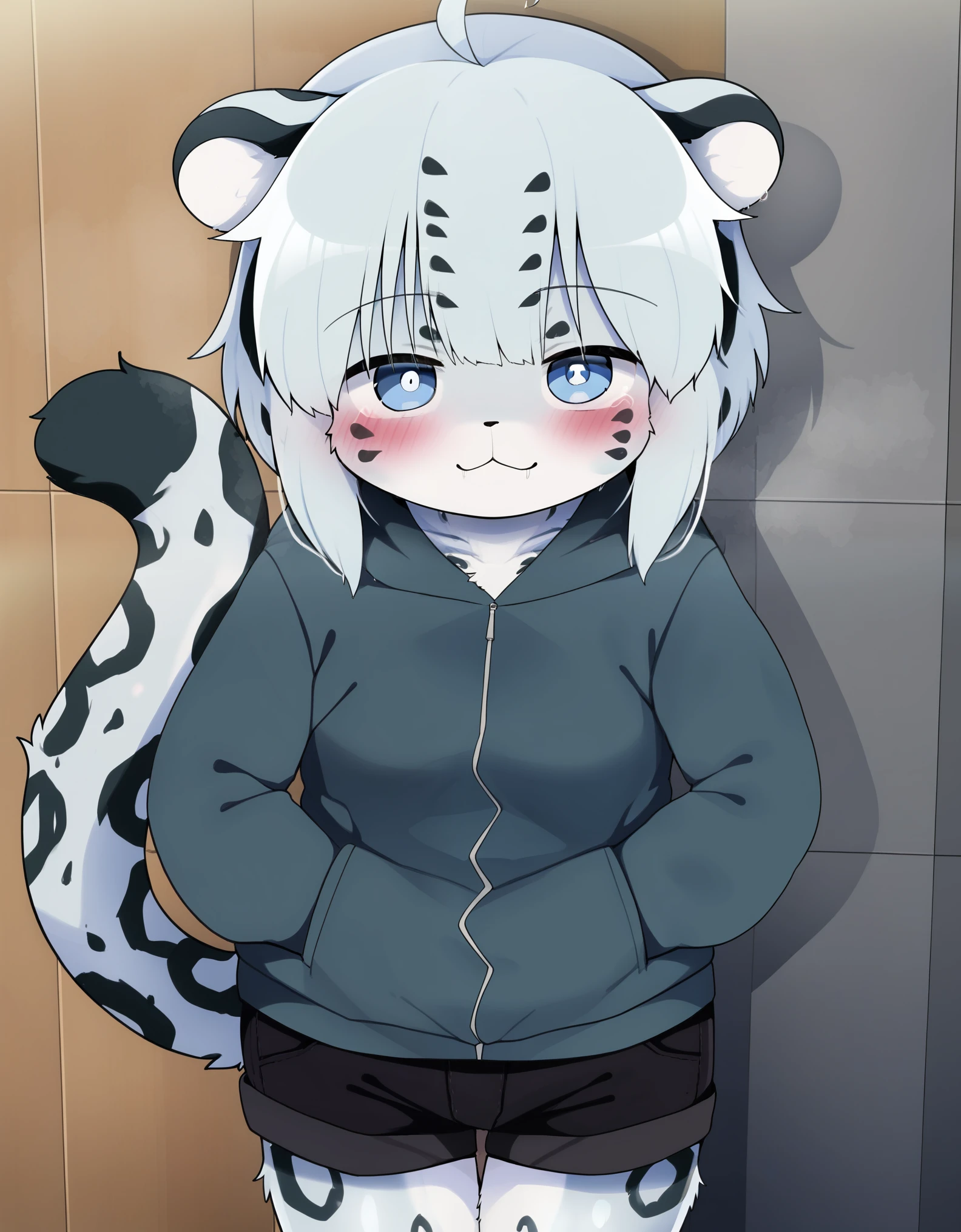 solo, white hair, blue eyes, furry, body fur, short hair, ahoge, bangs, animal ears, tail, leopard ears, leopard tail, black shorts, short shorts, hoodie, hood,