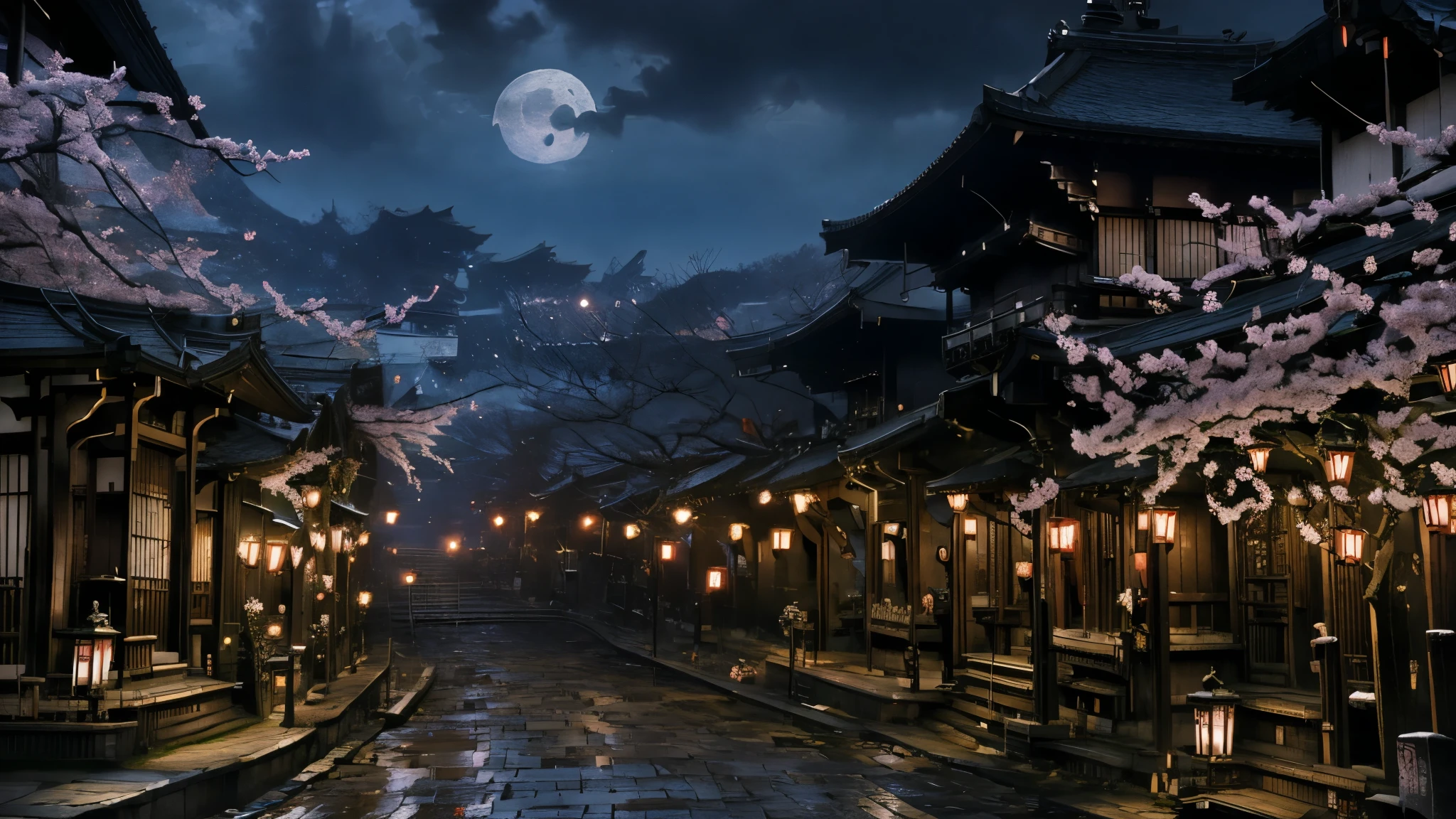 Kyoto、Streetscape、Fantasy、night、moon、cherry blossomachiya、Early 20th century Japanese cityscape、Old city、