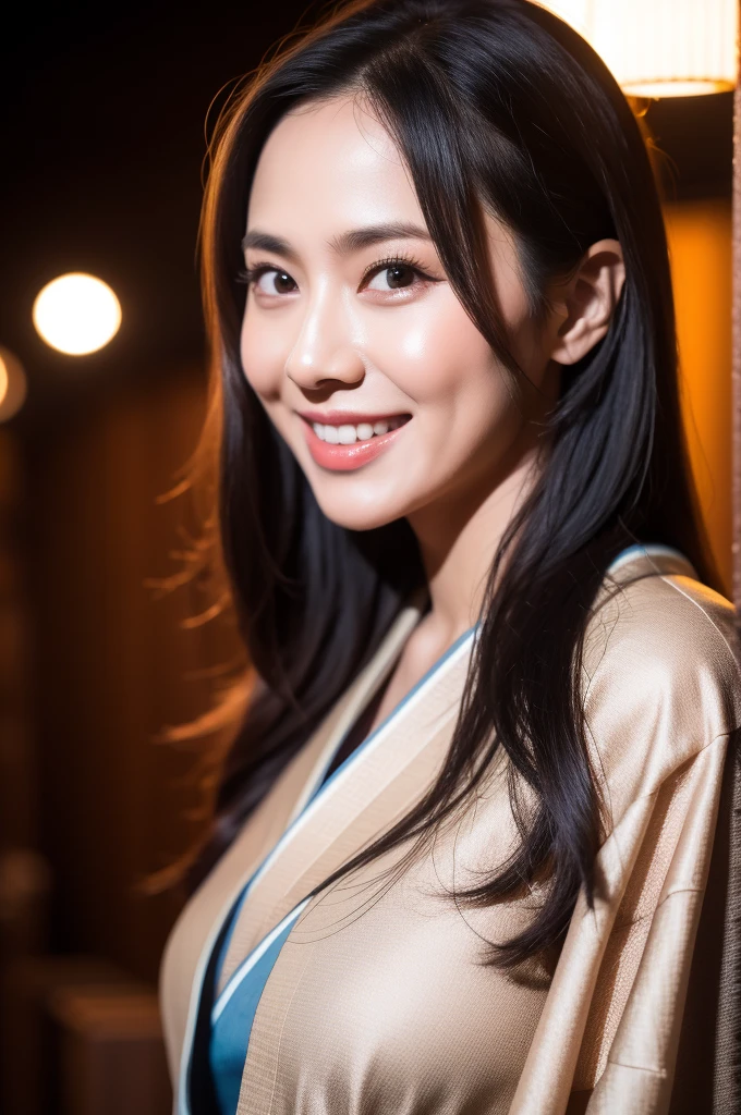 Surrealism, High detail, Cinema Lighting, Ray Tracing, viewing angle, Eye-level shot, Hyper HD, masterpiece, Textured skin, 4K, Highest quality, Beautiful woman in kimono, Background of the Danjiri Festival in Kishiwada, Osaka Prefecture, Japan、A glamorous atmosphere、light smile