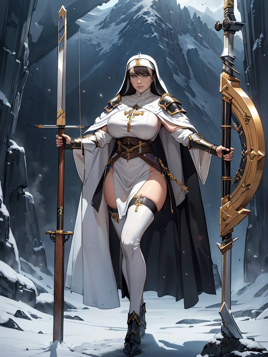 (masterpiece, top quality, best quality, official art, beautiful and aesthetic:1.2), (1girl:1.3), ((Sharp facial features, sharp features, hawkish features)), ((grey eyes)), busty paladin knight girl, extremely detailed, portrait, looking at viewer, solo, (full body:0.6), detailed background, full-body shot, (cold mountain nighttime glacier theme:1.1), holy knight, (nun), charlatan, smirk, mysterious, swaying in mountains, armor, polished metal, gold trim, long boots, white fabric, pelvic curtain, robe, pale leather, ((((nun, crossbow, heavy armor, armored, long legs, robes, prayer scrolls, toned, muscular)))), slim waist, slim hips, long legs, medieval (mountain exterior:1.1) background, dark mysterious lighting, shadows, magical atmosphere, dutch angle