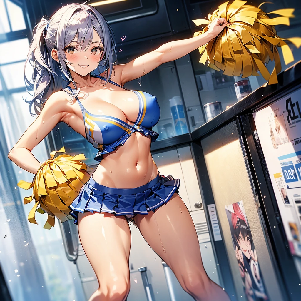 (solo:1.3), (1 skinny cheerleader rooting for viewer:1.2), (violently bouncing large breasts:1.2), cleavage, (dancing violently:1.2), shaking chest, open legs, BREAK, (short cheer uniform), sleeveless, bared stomach, (flapping too short skirt), show off thigh gap, long skinny legs, bared legs, skinny too narrow waist, very short torso, BREAK, nsfw, orgasm, heavy breathing, pussy juice, (coverd erectile nipples), (forced smile but feeling fear)
