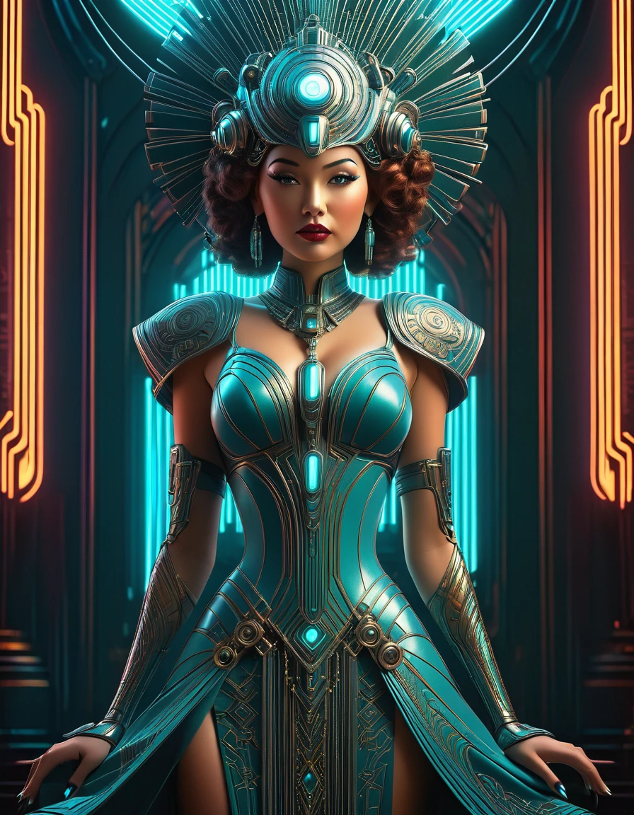 a beautiful busty art deco space woman, elegant futuristic dress, intricate mechanical details, elaborate headdress, glowing cyberpunk neon lights, cinematic dramatic lighting, highly detailed, photorealistic, 8k, hyper detailed, masterpiece, intricate patterns, muted color palette, chiaroscuro lighting