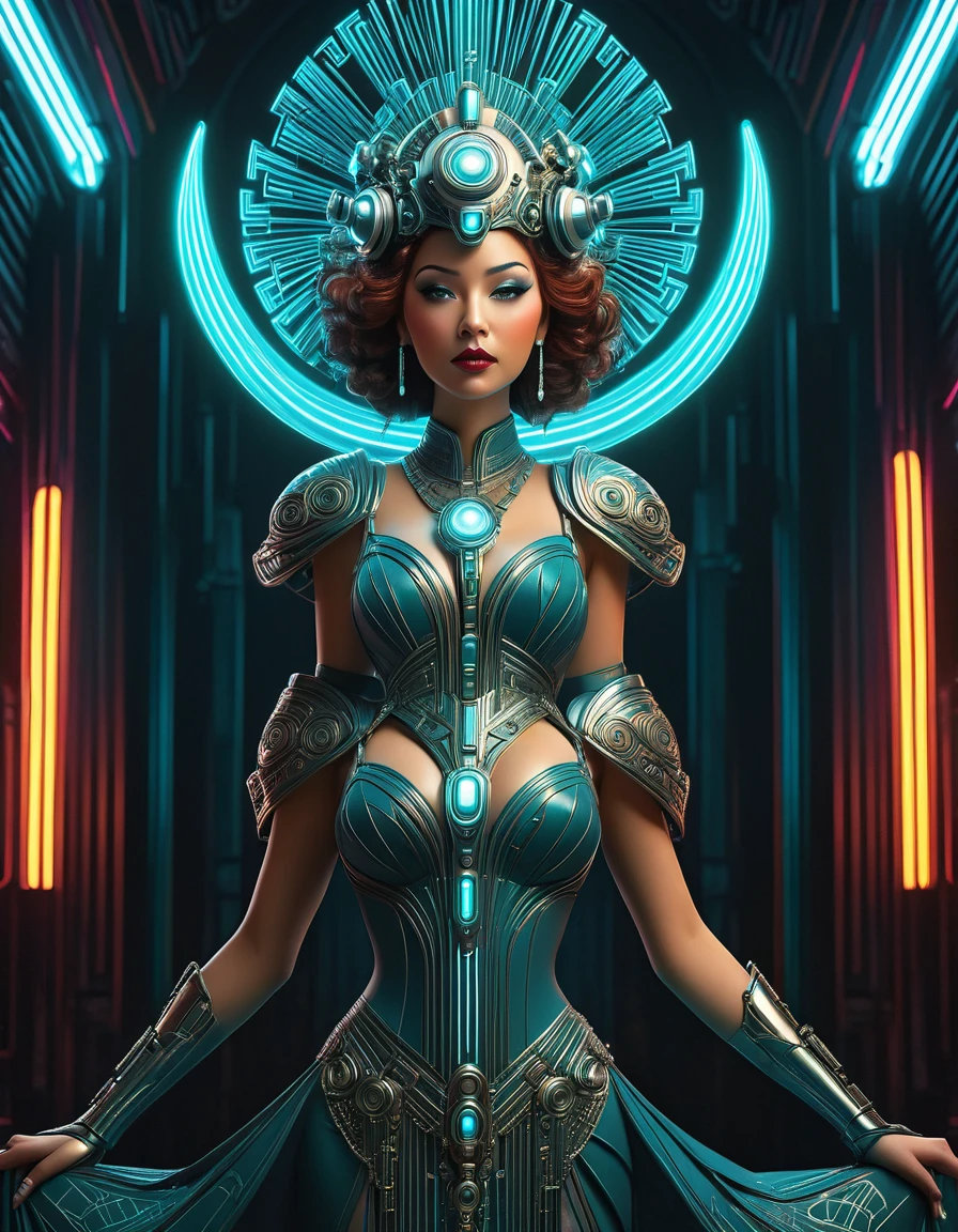 a beautiful busty art deco space woman, elegant futuristic dress, intricate mechanical details, elaborate headdress, glowing cyberpunk neon lights, cinematic dramatic lighting, highly detailed, photorealistic, 8k, hyper detailed, masterpiece, intricate patterns, muted color palette, chiaroscuro lighting