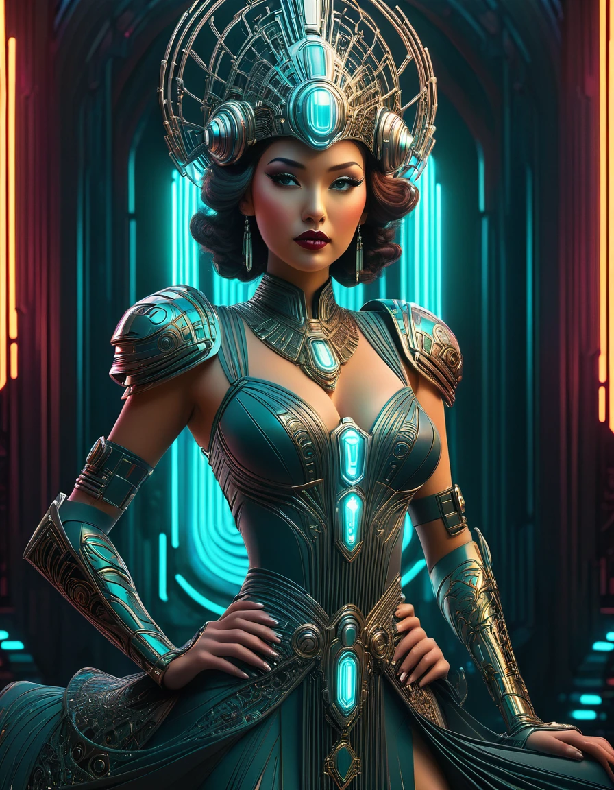 a beautiful busty art deco space woman, elegant futuristic dress, intricate mechanical details, elaborate headdress, glowing cyberpunk neon lights, cinematic dramatic lighting, highly detailed, photorealistic, 8k, hyper detailed, masterpiece, intricate patterns, muted color palette, chiaroscuro lighting