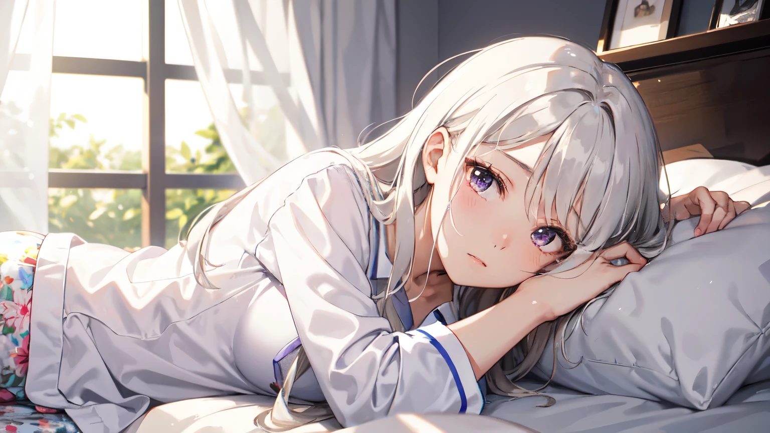 early morning、A beautiful girl with white hair and purple eyes gets out of bed in her pajamas。A dim light illuminates the room.、Her hair and eyes are beautiful。A sleepy expression and messy hair、It brings out her vulnerable charm.。