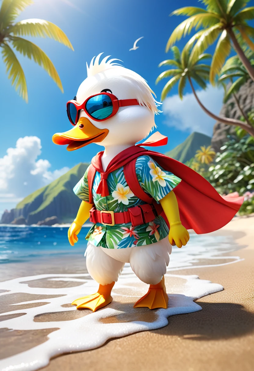 Esbian all over body、Cool white duck、Pop White Duck、Diorama、Simple Background、Snorkel mask、Aloha Shirt、tropical、Beach Background、Cape、Best Quality, Capture the cutest moments, Depth of written boundary, Super detailed, Ultra-high resolution, Octadale, 8k, 16km race