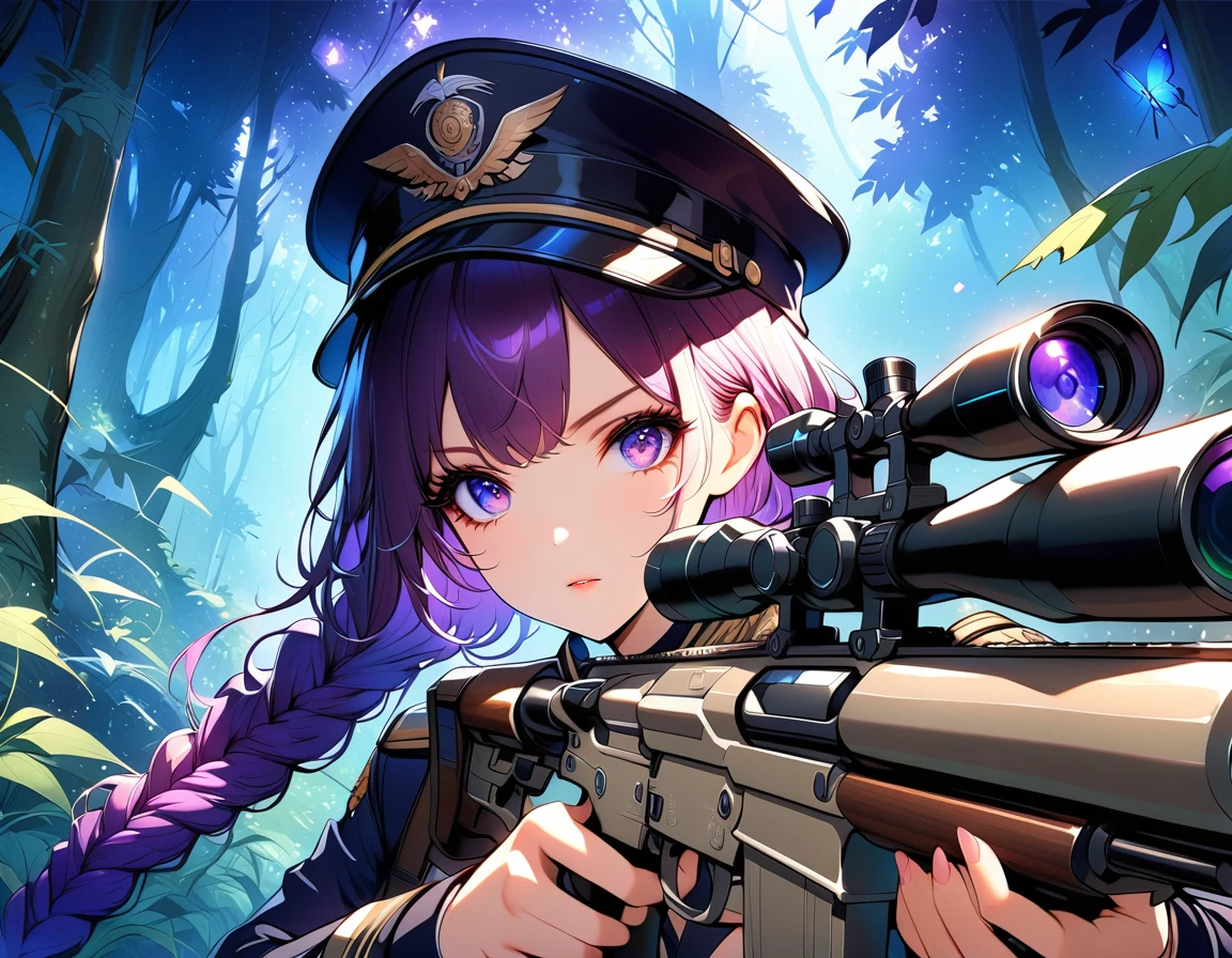 A female sniper,Octetopter, Intricate details, Highly detailed military uniform, Delicate face, beautiful eyes, Long eyelashes, Determine the expression, Holding, In a forest environment, Sunlight through the trees, light, Vibrant colors, Drama, masterpiece,aim