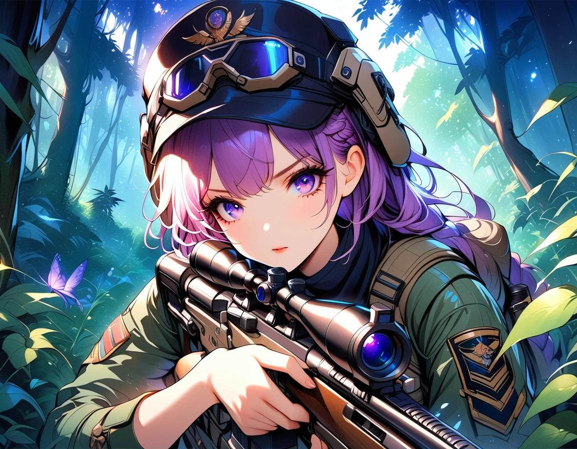 A female sniper,Octetopter, Intricate details, Highly detailed military uniform, Delicate face, beautiful eyes, Long eyelashes, Determine the expression, Holding, In a forest environment, Sunlight through the trees, light, Vibrant colors, Drama, masterpiece,aim