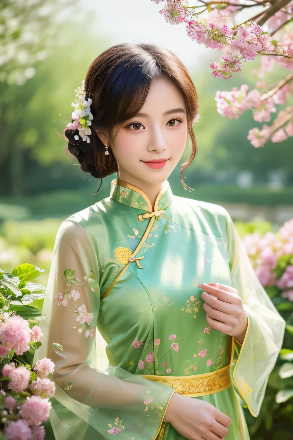 Girl with exquisite facial details, beautiful lips and eyes, beauty of china, in the garden, Wearing a traditional cheongsam, With a graceful posture and a calm look. She is surrounded by blooming flowers and lush greenery.. The sunlight shines softly through the leaves, Gives her face a soft, warm glow. The artwork is created using oil painting techniques, Emphasis on ultra-detailed brushwork and realistic depiction. The colors are bright and vibrant, With a touch of romanticism. The overall image quality is top notch, 4K resolution and photorealistic details. The lighting is、Enhance the beauty of girls、Carefully designed to create a tranquil and peaceful atmosphere.